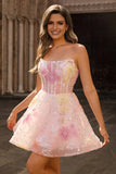 Robe de cocktail rose à paillettes scintillante corset sans bretelles avec appliques