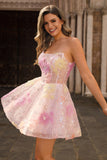 Robe de cocktail rose à paillettes scintillante corset sans bretelles avec appliques