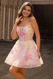 Robe de cocktail rose à paillettes scintillante corset sans bretelles avec appliques
