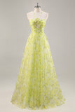 Jaune Vert Floral Une Ligne Découpée Robe de Soirée