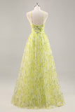 Jaune Vert Floral Une Ligne Découpée Robe de Soirée