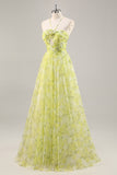 Jaune Vert Floral Une Ligne Découpée Robe de Soirée