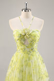 Jaune Vert Floral Une Ligne Découpée Robe de Soirée