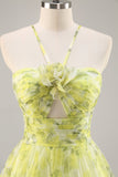 Jaune Vert Floral Une Ligne Découpée Robe de Soirée