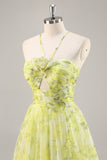Jaune Vert Floral Une Ligne Découpée Robe de Soirée
