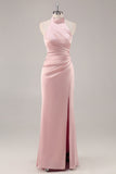 Blush col haut satin froncé longue robe de demoiselle d’honneur avec fente