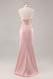 Blush col haut satin froncé longue robe de demoiselle d’honneur avec fente