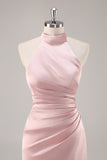 Blush col haut satin froncé longue robe de demoiselle d’honneur avec fente