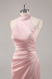 Blush col haut satin froncé longue robe de demoiselle d’honneur avec fente
