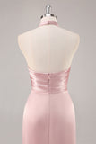 Blush col haut satin froncé longue robe de demoiselle d’honneur avec fente