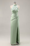 Blush col haut satin froncé longue robe de demoiselle d’honneur avec fente