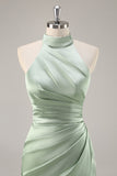 Blush col haut satin froncé longue robe de demoiselle d’honneur avec fente