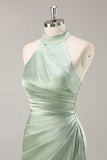 Blush col haut satin froncé longue robe de demoiselle d’honneur avec fente