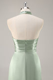 Blush col haut satin froncé longue robe de demoiselle d’honneur avec fente