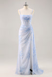 Corset de sirène floral bleu Robe longue de demoiselle d’honneur avec fente