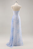 Corset de sirène floral bleu Robe longue de demoiselle d’honneur avec fente