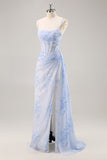 Corset de sirène floral bleu Robe longue de demoiselle d’honneur avec fente
