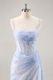 Corset de sirène floral bleu Robe longue de demoiselle d’honneur avec fente