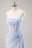 Corset de sirène floral bleu Robe longue de demoiselle d’honneur avec fente