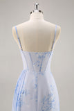 Corset de sirène floral bleu Robe longue de demoiselle d’honneur avec fente