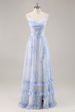 Corset floral bleu Robe de demoiselle d’honneur longue en mousseline de soie avec fente