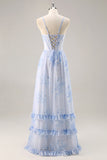 Corset floral bleu Robe de demoiselle d’honneur longue en mousseline de soie avec fente