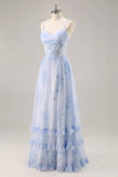 Corset floral bleu Robe de demoiselle d’honneur longue en mousseline de soie avec fente