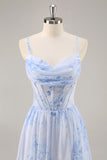 Corset floral bleu Robe de demoiselle d’honneur longue en mousseline de soie avec fente