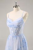Corset floral bleu Robe de demoiselle d’honneur longue en mousseline de soie avec fente