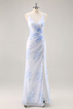 Robe longue de demoiselle d’honneur en mousseline de soie froncée florale bleue avec fente