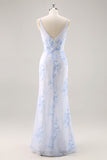 Robe longue de demoiselle d’honneur en mousseline de soie froncée florale bleue avec fente