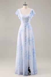 Robe de demoiselle d’honneur longue à col rond floral en mousseline de soie bleue avec volants