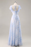Robe de demoiselle d’honneur longue à col rond floral en mousseline de soie bleue avec volants