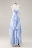 Mousseline de soie bleue Floral Une ligne longue robe de demoiselle d’honneur avec volants
