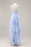 Mousseline de soie bleue Floral Une ligne longue robe de demoiselle d’honneur avec volants