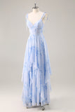 Mousseline de soie bleue Floral Une ligne longue robe de demoiselle d’honneur avec volants