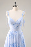 Mousseline de soie bleue Floral Une ligne longue robe de demoiselle d’honneur avec volants