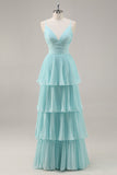 Robe De Soirée longue plissée en mousseline de soie verte à col en V à plusieurs niveaux