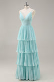 Robe De Soirée longue plissée en mousseline de soie verte à col en V à plusieurs niveaux