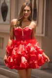 Une ligne sans bretelles Corset Robe De Cocktail rouge à plusieurs niveaux avec nœuds