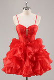 Rouge Une ligne Corset trou de serrure Robe courte de retour à la maison avec noeuds