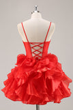 Rouge Une ligne Corset trou de serrure Robe courte de retour à la maison avec noeuds