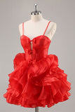 Rouge Une ligne Corset trou de serrure Robe courte de retour à la maison avec noeuds