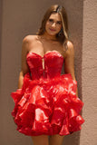 Une ligne sans bretelles Corset Robe De Cocktail rouge à plusieurs niveaux avec nœuds
