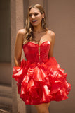 Une ligne sans bretelles Corset Robe De Cocktail rouge à plusieurs niveaux avec nœuds