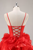 Rouge Une ligne Corset trou de serrure Robe courte de retour à la maison avec noeuds