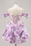 Violet Une ligne dénudée Corset imprimé Corset Robe De Cocktail avec volants