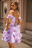 Violet Une ligne dénudée Corset imprimé Corset Robe De Cocktail avec volants