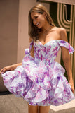 Violet Une ligne dénudée Corset imprimé Corset Robe De Cocktail avec volants