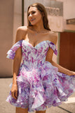 Violet Une ligne dénudée Corset imprimé Corset Robe De Cocktail avec volants
